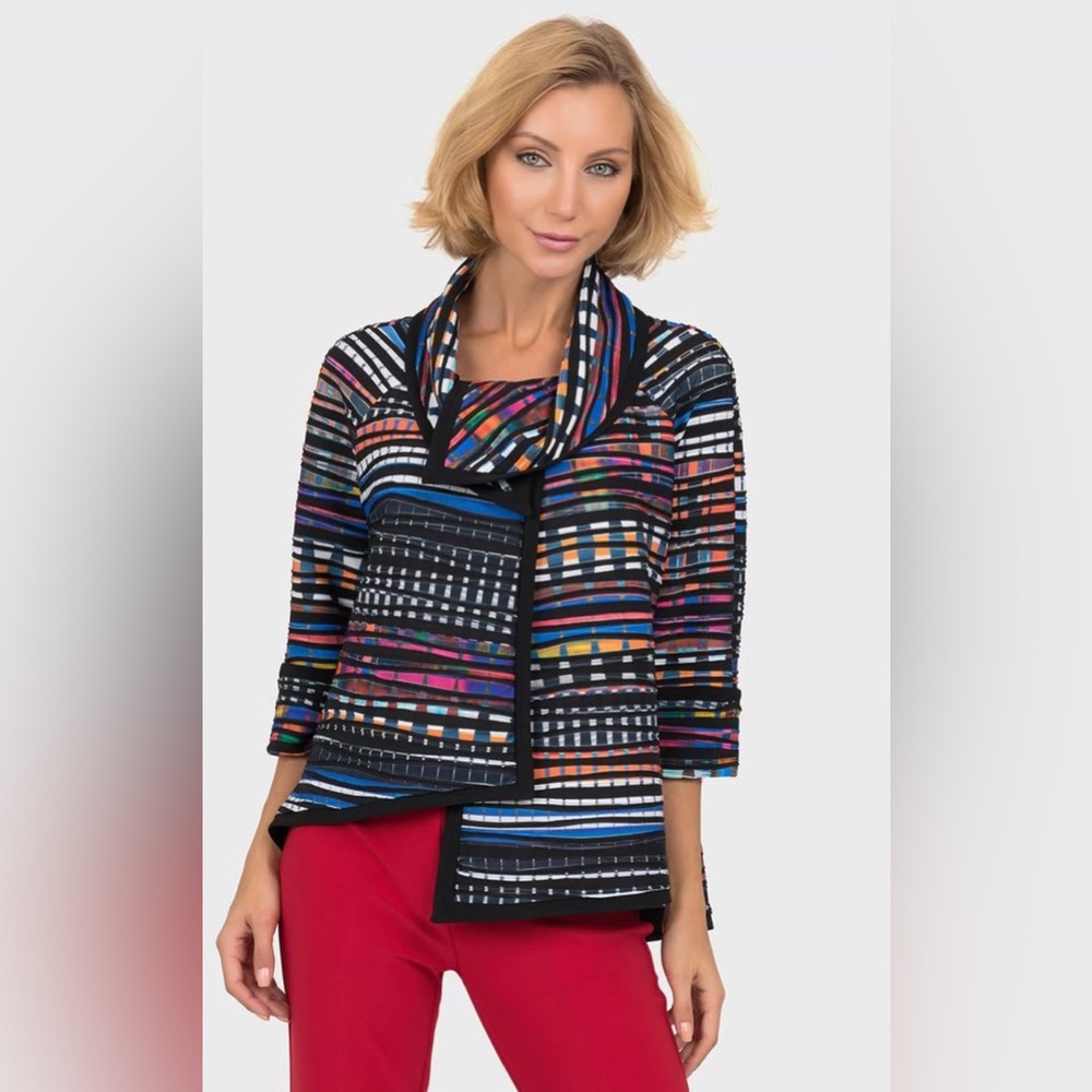Joseph Ribkoff Vibrant Striped Asymmetrical Blazer Jacekt 3/4 Sleeve Like new 8